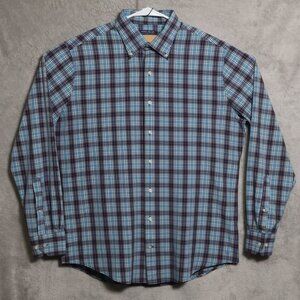 Peter Millar Shirt Mens Large Navy Blue Pink Plaid Crown Crafted Preppy Casual